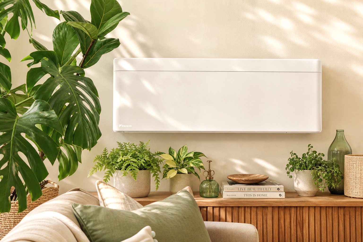 Daikin Stylish wall system in a sunlit biophilic room