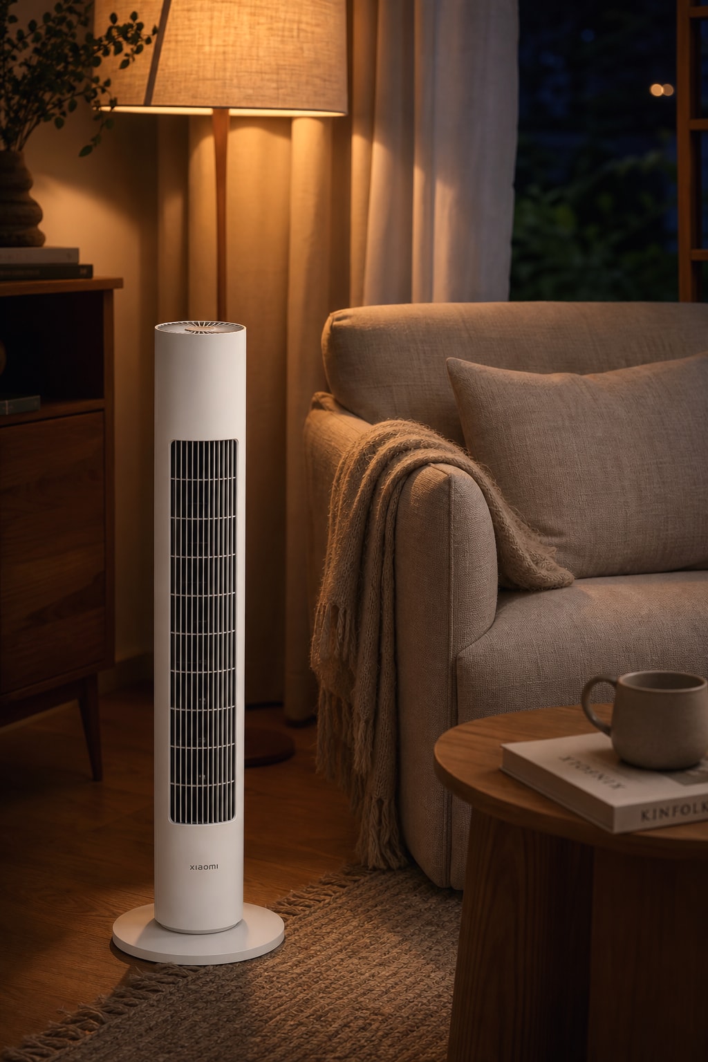 Xiaomi tower fan in a warm living corner