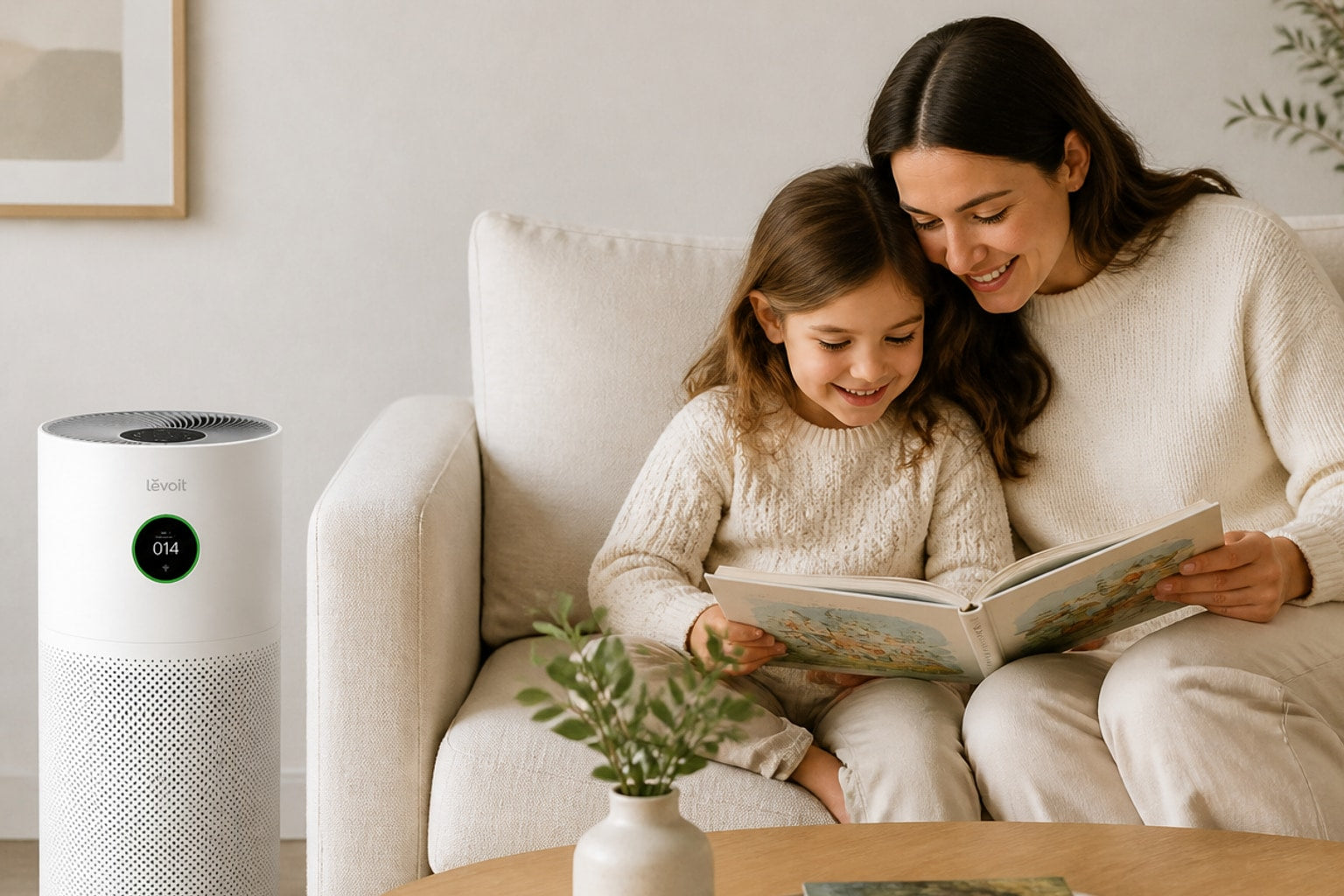 Levoit Core 400S air purifier beside a parent and child on a linen sofa