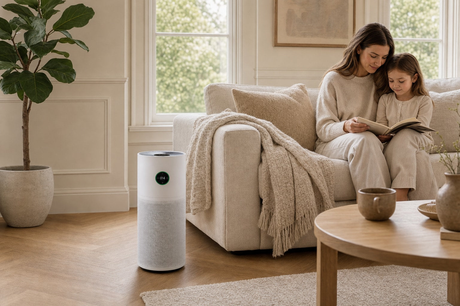 A parent and child reading together on a linen sofa beside a Levoit air purifier in a calm Japandi living room