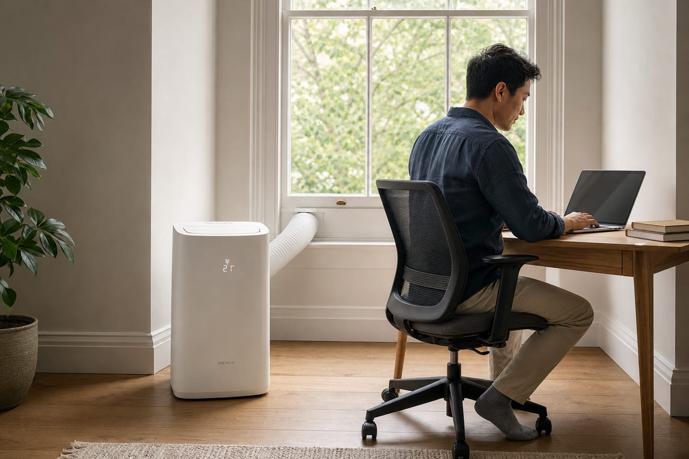 Someone working at a desk in soft daylight next to a quiet portable cooler, focus without the drone