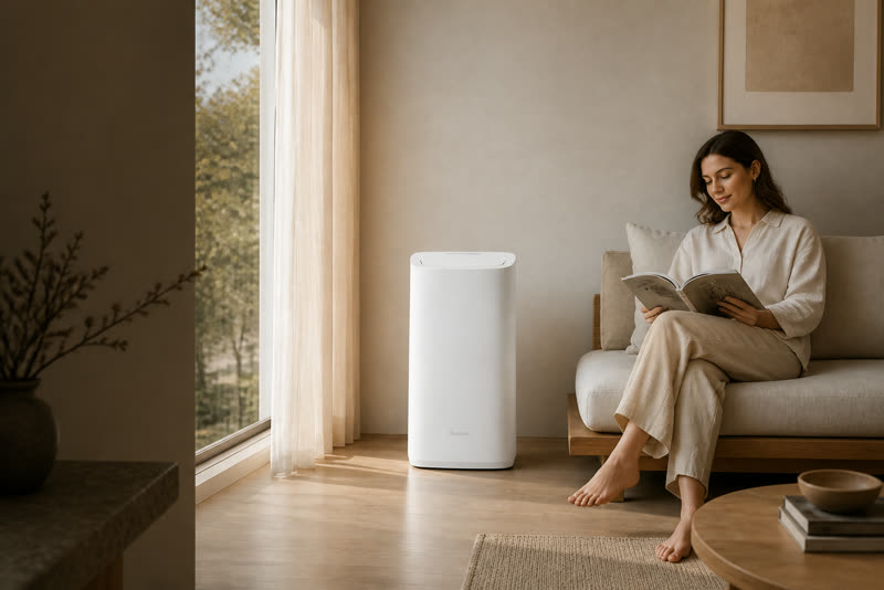 Meaco Cirro portable air conditioner in a calm Japandi living room — quiet heatwave relief
