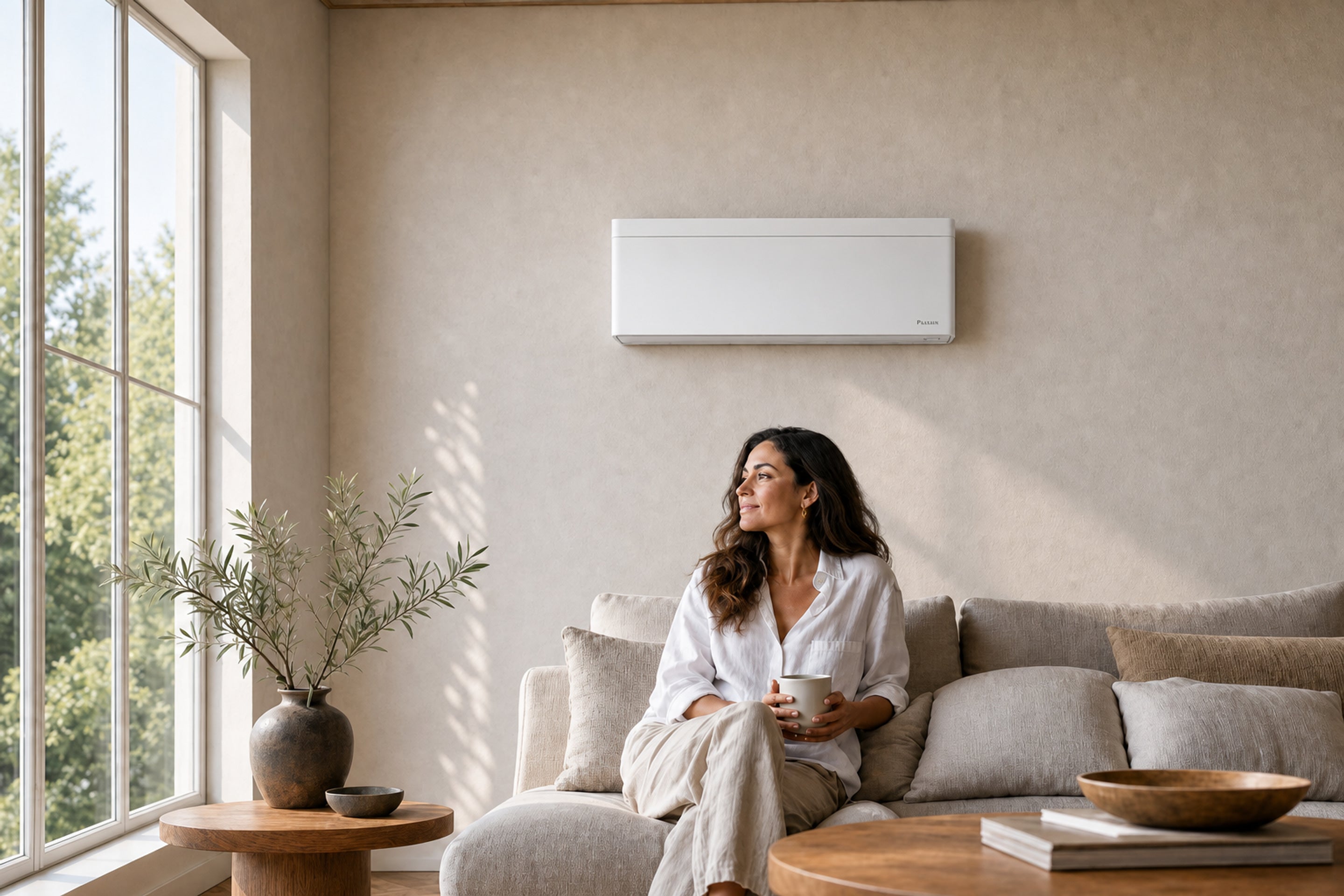 A woman sitting back with a mug of tea in a cool, softly lit British living room while the garden outside bakes in summer heat, a Daikin Emura wall air conditioner running quietly on the wall above her