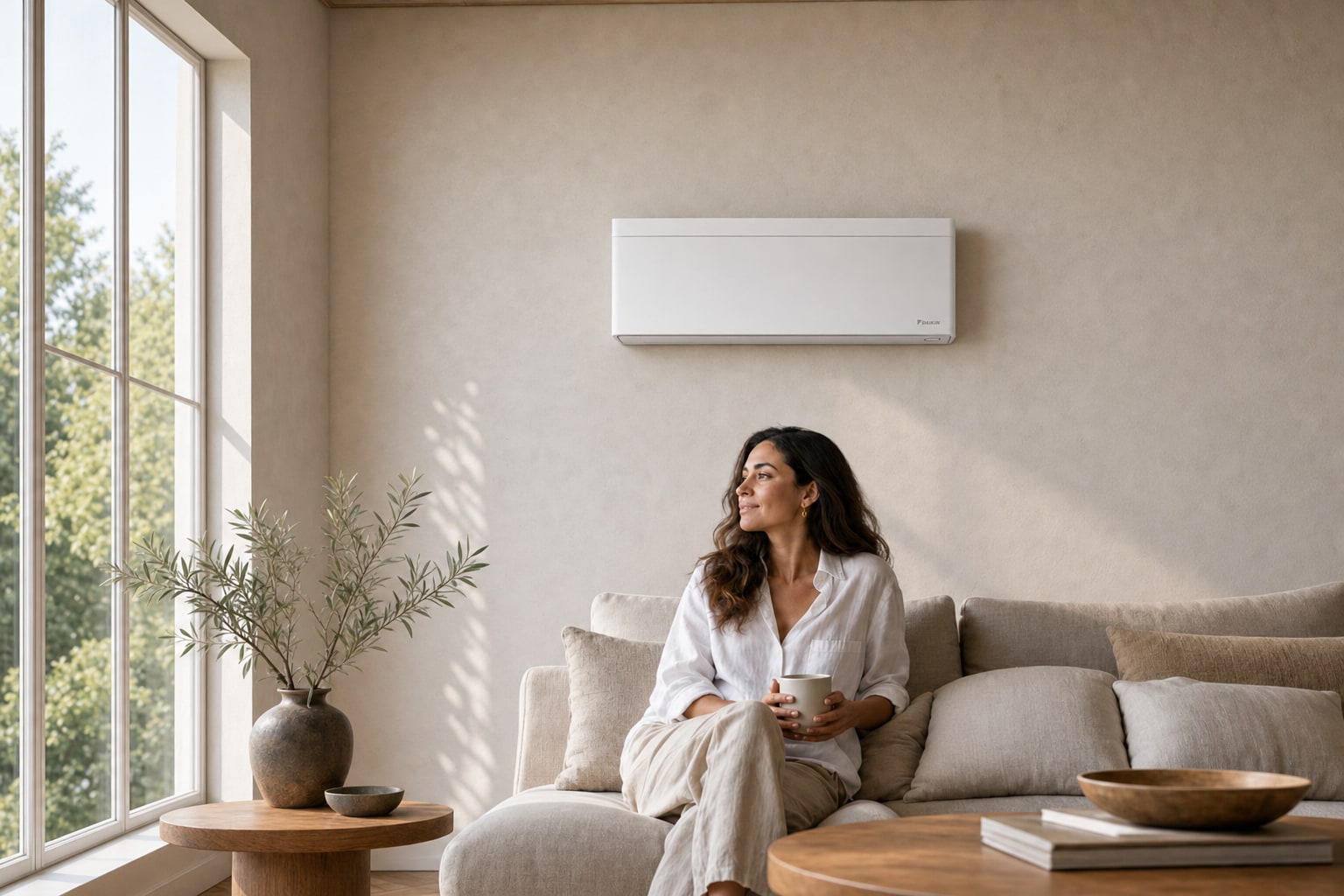 A woman sitting back with a mug of tea in a cool, softly lit British living room while the garden outside bakes in summer heat, a Daikin Emura wall system running quietly on the wall above her