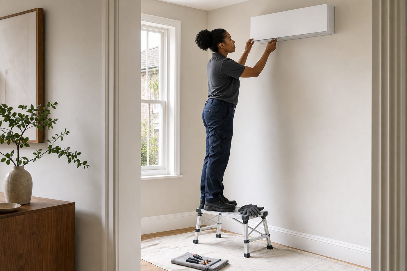 A refrigerant-qualified installation engineer working on a slim wall-mounted air conditioning unit in a British home, dust sheet down and tools laid out neatly