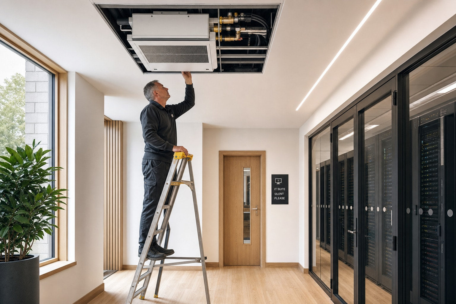 A facilities engineer servicing a ceiling cassette air conditioner in a calm IT suite corridor beside a server room