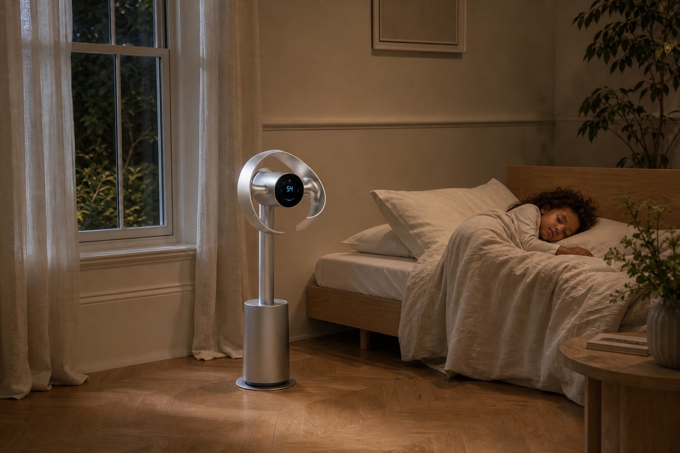 A child asleep in a cool, shaded bedroom while a Dreame MF10 bladeless fan runs quietly beside the bed