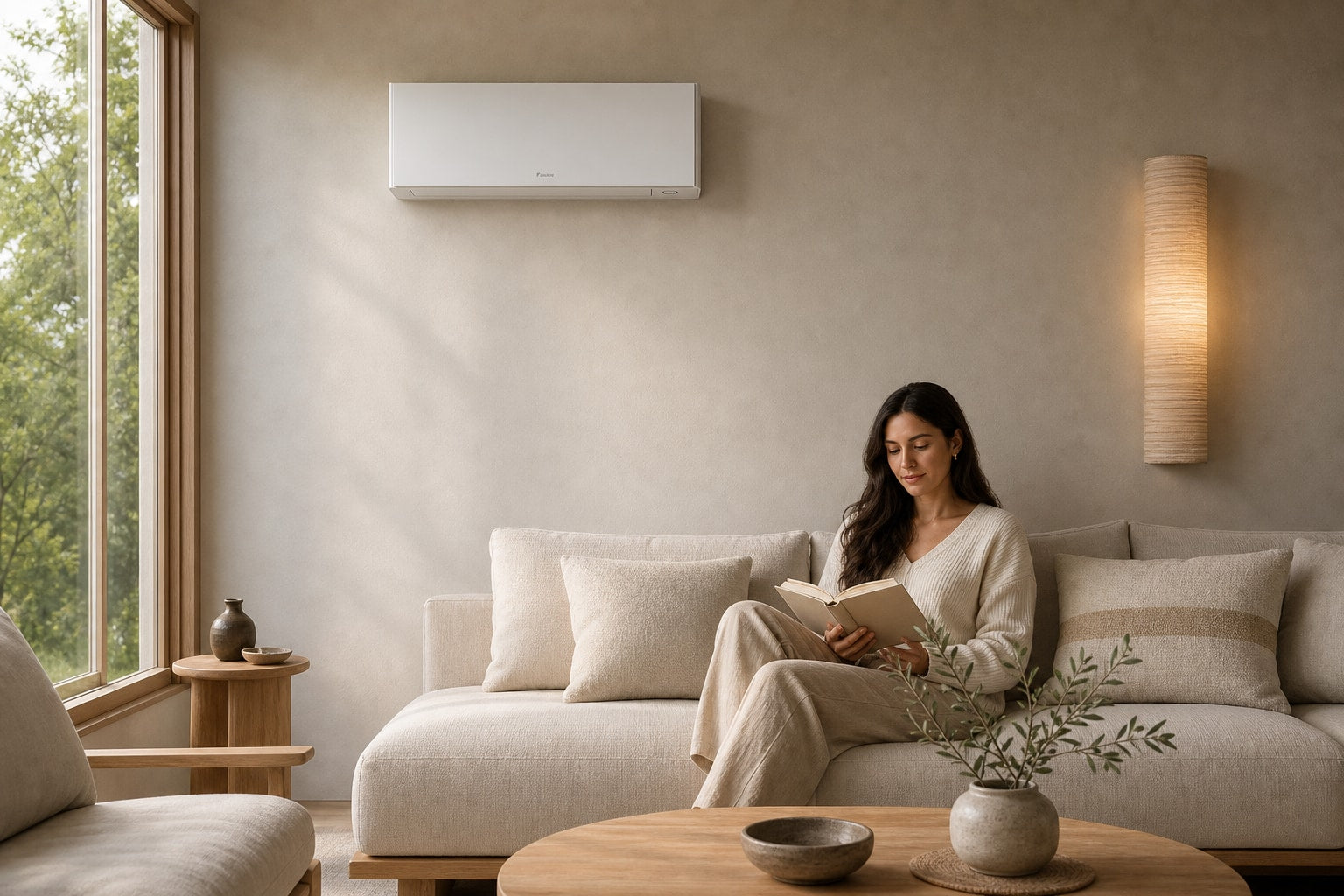 A woman reading on a linen sofa beneath a Daikin Emura wall system that settles into the architecture