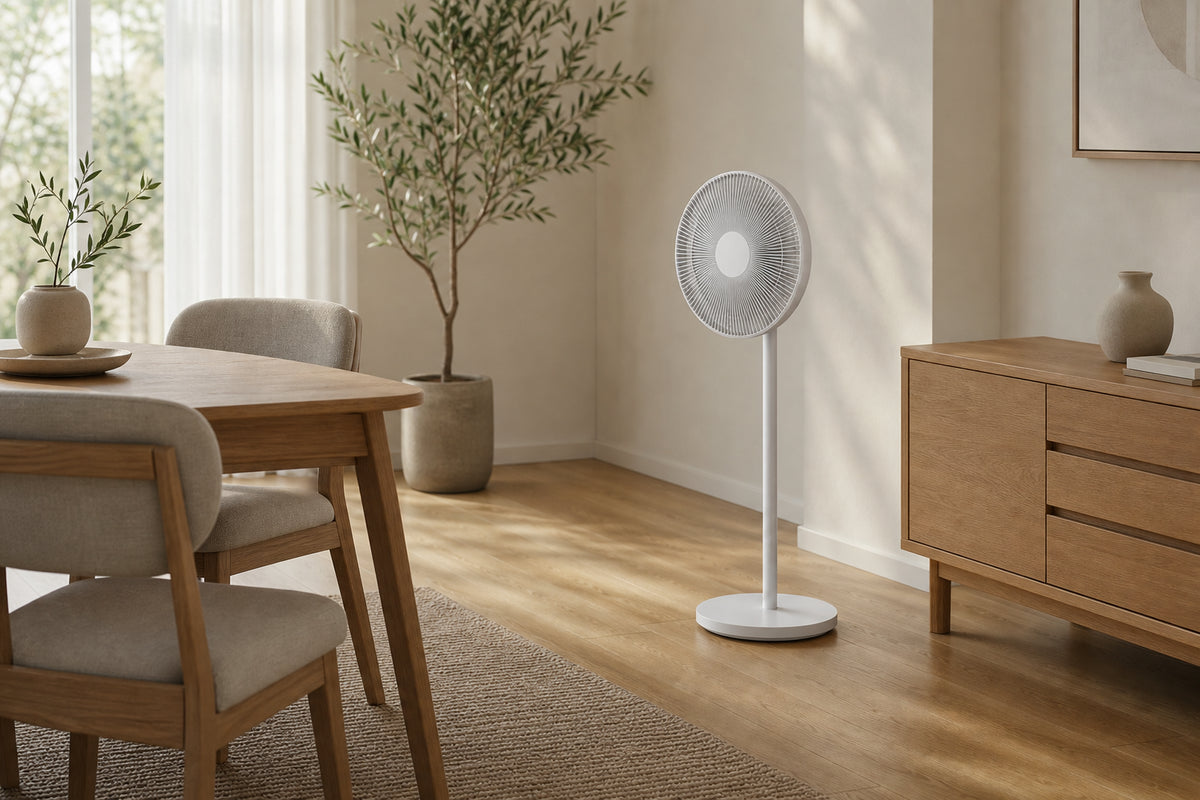 Gree Quiet Standing Fan Pro in a Japandi dining room