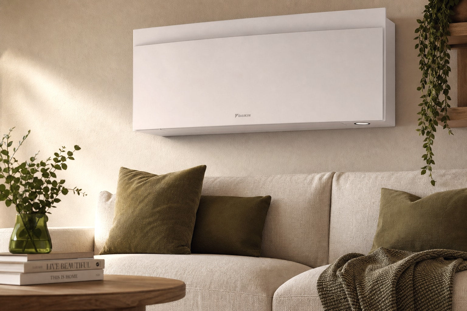 Daikin Emura wall system above a linen sofa, tight editorial room