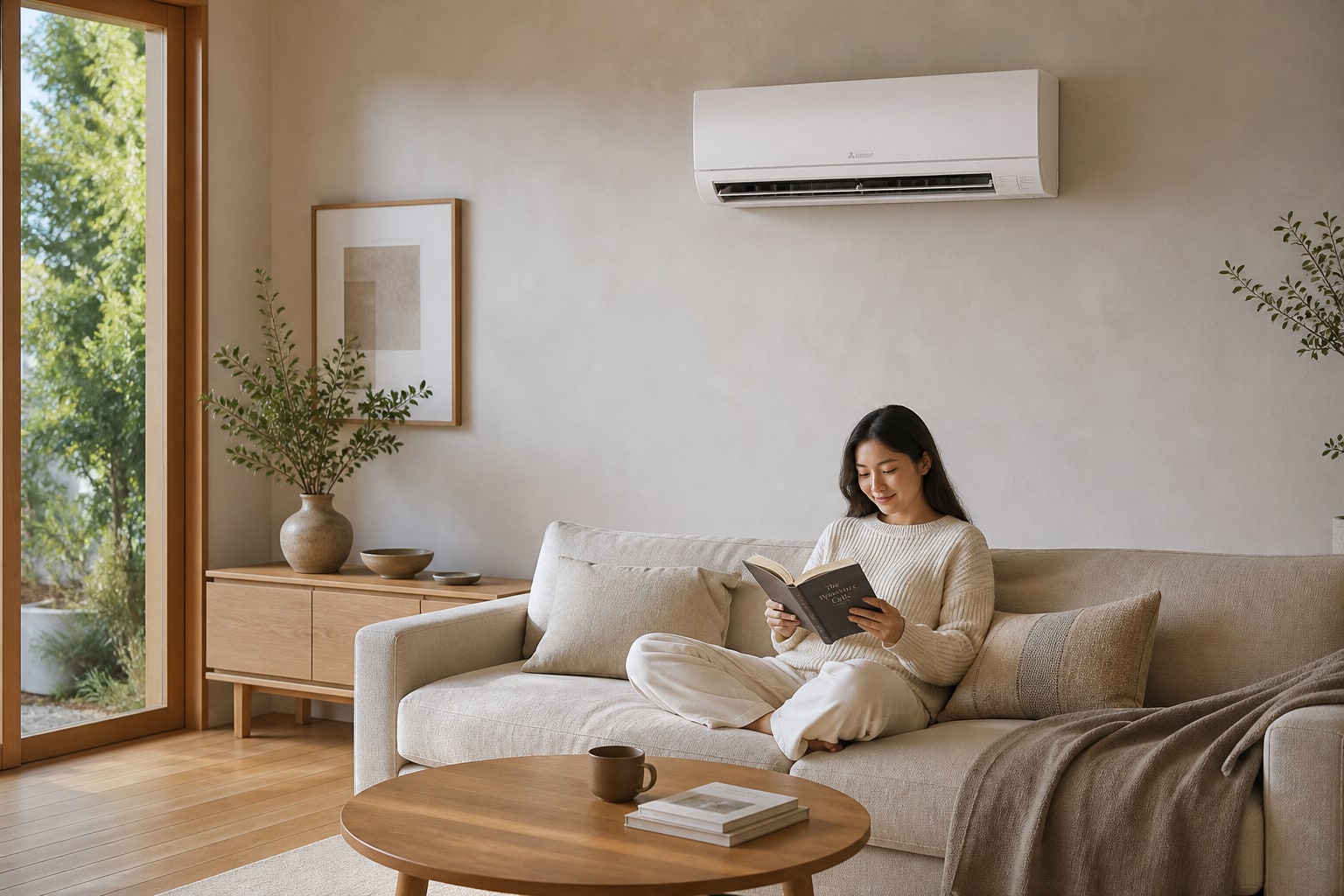 Wall air conditioner in a sunlit Japandi living room